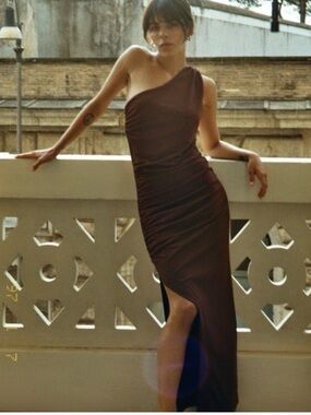 Zara One-Shoulder Chocolate Brown Ruched Evening Gown